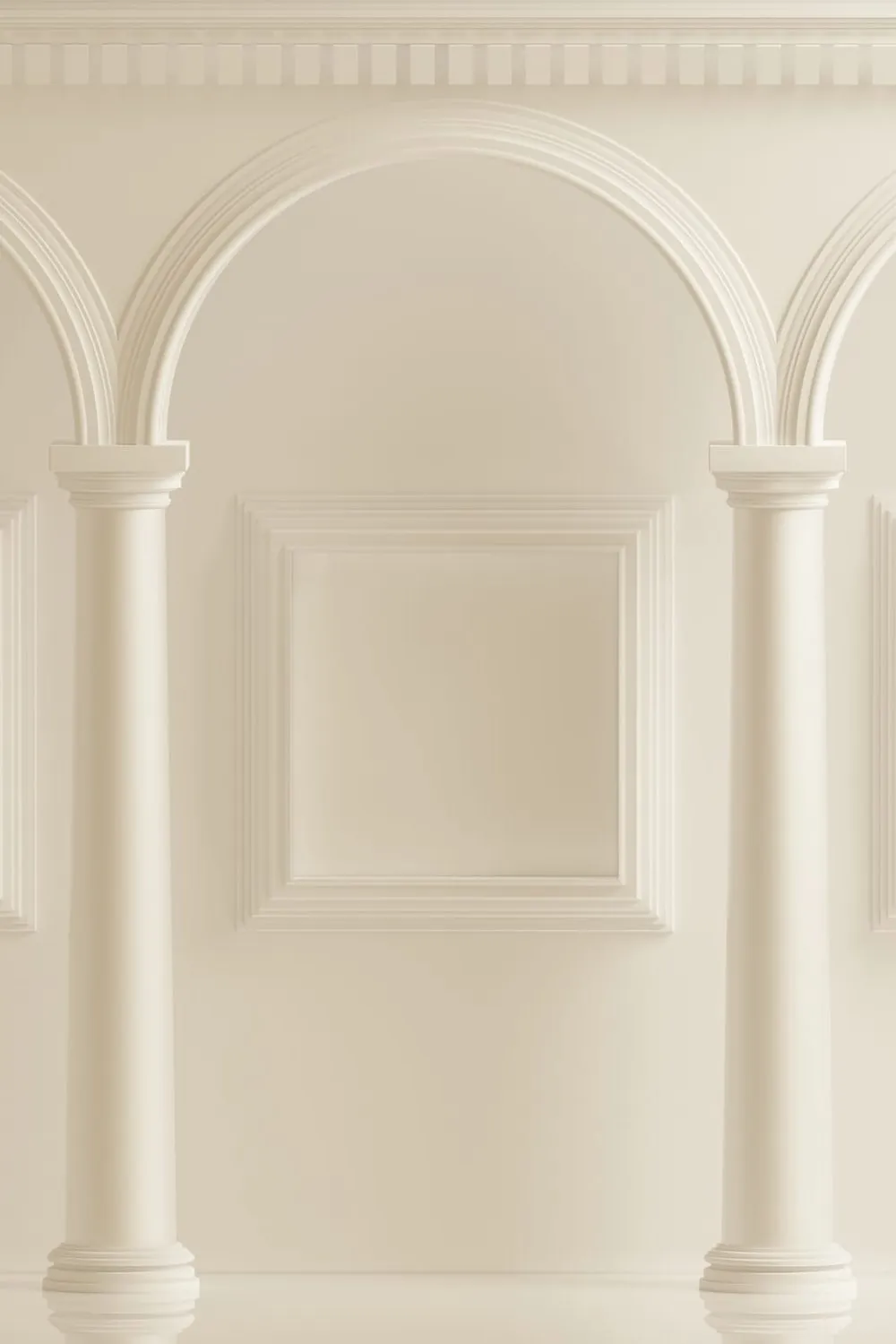 A neoclassical arcade with columns, arches, and an empty framed niche